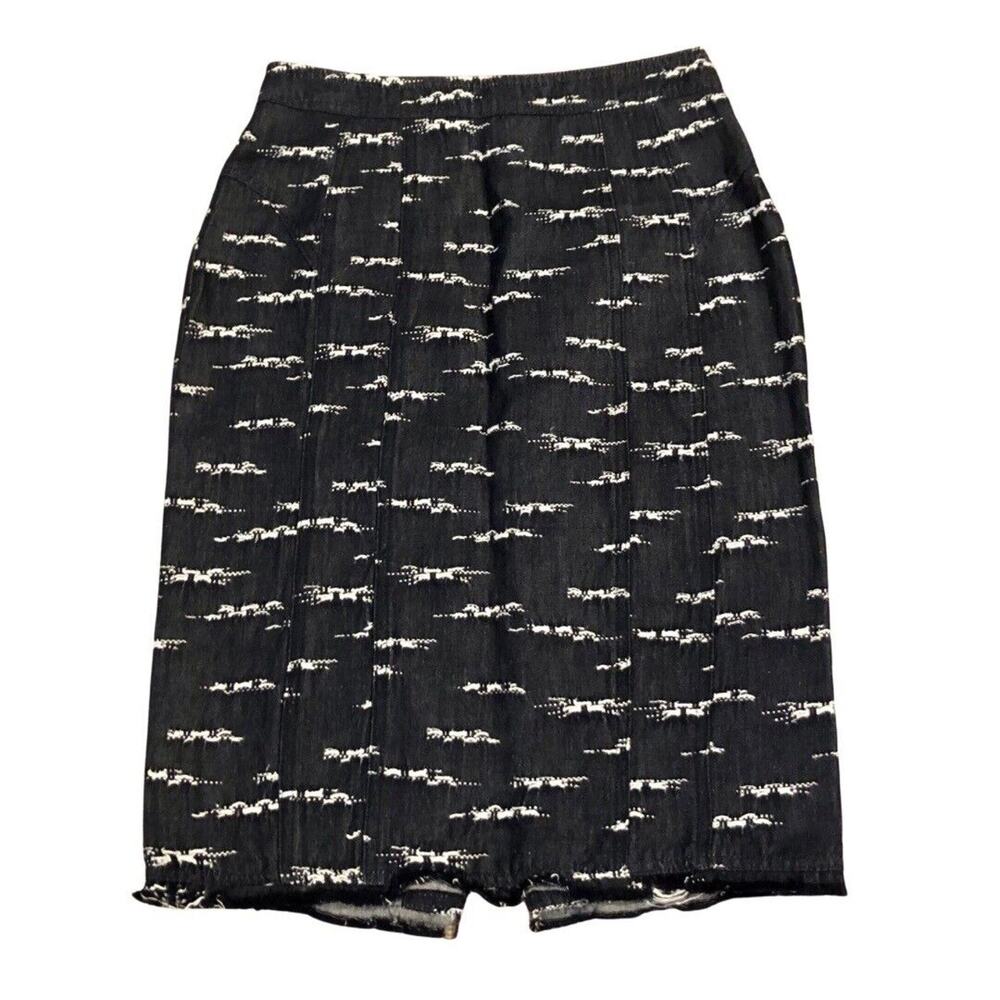 Nanette Lepore Pencil Skirt 2 Dark Blue White Textured Raw Hem Cotton Linen